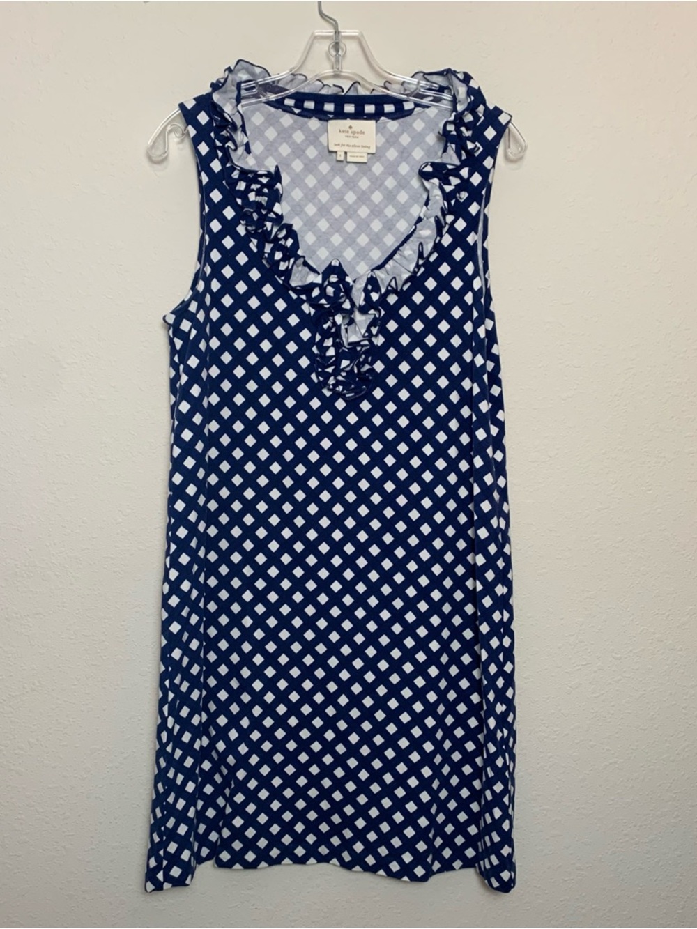 Kate Spade Navy White Gingham Ruffle‎ V-Neck Sleeveless Shift Dress Large